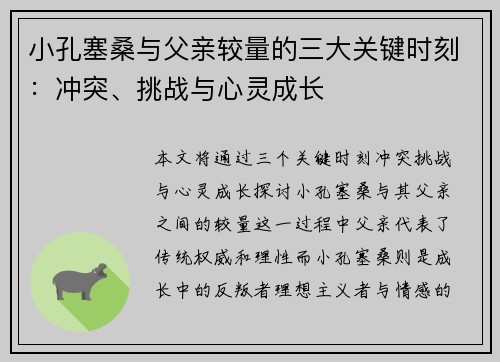 小孔塞桑与父亲较量的三大关键时刻：冲突、挑战与心灵成长